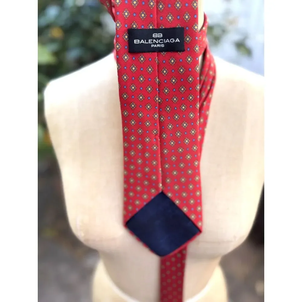 Balenciaga Red Geometric Yellow Blue Diamond 100% Silk Tie Made Italy 3.75